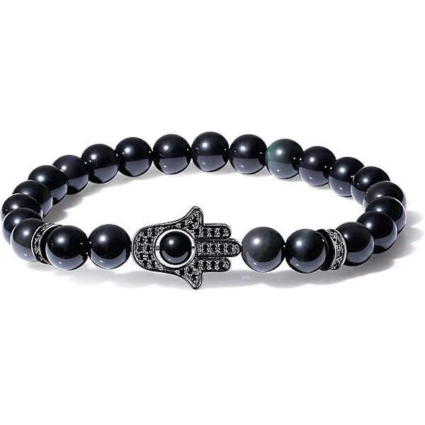 Unisex armband med naturliga stenpärlor och Hand of Fatima-amulett