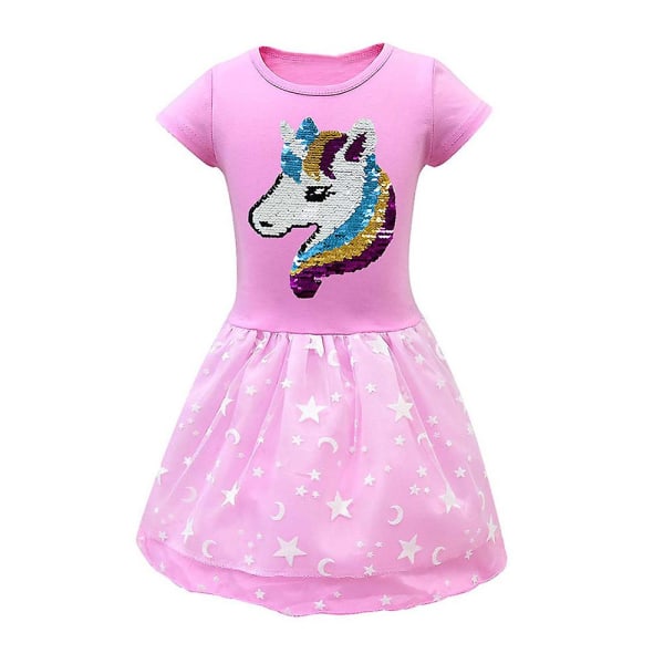 Barn Flickor Paljetter Unicorn Princess Dress Kortärmade A-line Klänningar Pink 2-3 Years