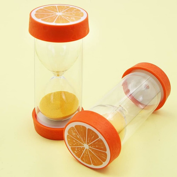 Fruktformad timglas, färgglad säkerhetssandtimer, glas sandglas med skyddande bas för hem, skrivbord, köksdekoration (orange, 60 minuter)