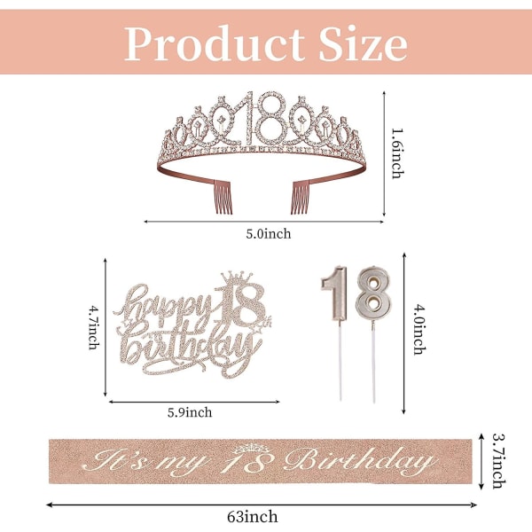 18:e födelsedagsdekorationer kompatibla flickor, inklusive 18:e födelsedag skärp, krona/tiara, ljus, tårt toppers, 18:e födelsedagspresenter kompatibla flickor, 18:e 18th
