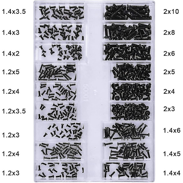 500 stk. Brilleskruer Rundt hoved Universal Laptop Screw Kit M1.2 M1.4 M2 Sort