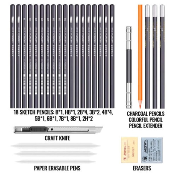 18 skisspennor 3 kolpennor 1 färgpenna 1 pennförlängare 1 hantverksskärare 3 raderbara papperspennor 2 suddgummi 1 case 30 st