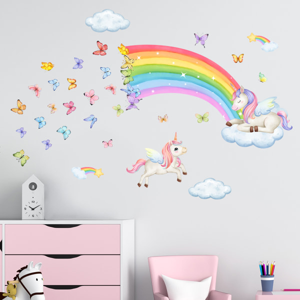 Rainbow Unicorn Väggdekor Väggdekal Fjärilar Moln Stjärnväggdekor Sovrum Barn Baby Barnkammare Vardagsrum