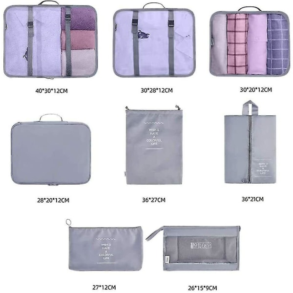 8 stk Organiseringssett Bagasje Koffert Oppbevaringsposer Pakking Reisekuber Gaver Grey