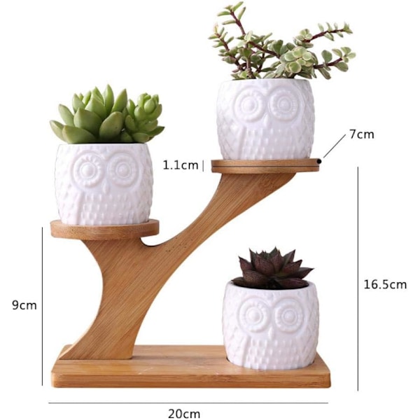 Keramisk planter med trästativ, suckulent behållare planter utomhus inomhus växtkrukor med dräneringshål, kreativ ugglestil
