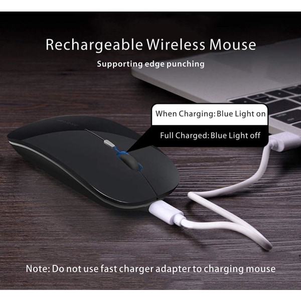 Uppladdningsbar trådlös mus, ultratunn optisk mus Tyst 1600 DPI justerbar trådlös mus för dator, PC, bärbar dator, MacBook (svart)