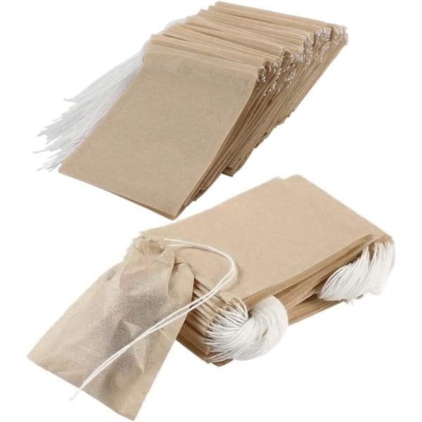 200 stk. Papir Te Filterposer Engangs Naturlig Pulp Material Te Infuser med Snøre, til Te og Urtepulver, 5cm x 7cm (Original Farve)