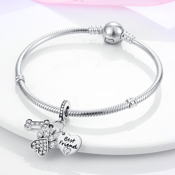 925 Sterling Silver Pet Paw Love Pearl Pendants Beads för Halsband Armband Smycken Present till Kvinnor KTC040