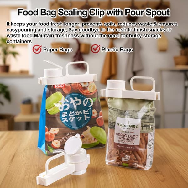 2 stk. Plastposeforseglingsklemmer med helletut for snacks og matoppbevaring