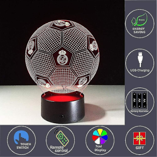3D Optisk Illusion Real Madrid Fotboll Nattlampa Leksak, Fjärrkontroll, Dimbar, Batteri eller USB-driven, 7 Färger Byter Jul Födelsedagspresent F
