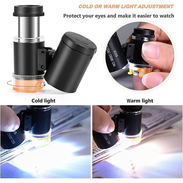 60X Mini Pocket Mikroskop Juvelerer Øjenlup med LED UV-lys Bærbart forstørrelsesglas til smykker Diamond Gem-B White