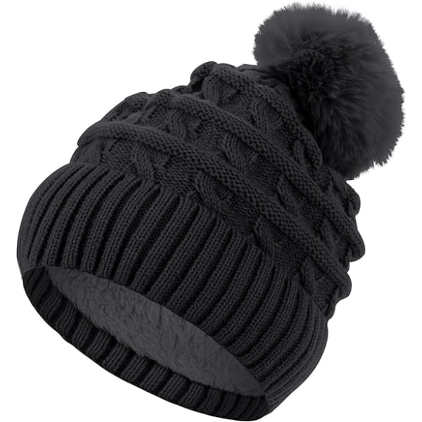 Bobble Hat naisille Talvipipo Hatut Thermal fleecevuorattu hattu Naisten neulotut villahatut tekoturkiksella Black