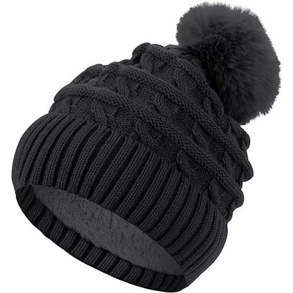 Naisten pompom-hattu, talvinen pipohattu, lämpövuorellinen fleece-hattu, naisten neulotut villahatut tekoturkispompomilla Black