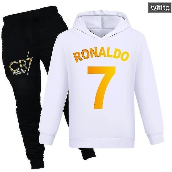 Børn Drenge Ronaldo 7 Print Casual Hættetrøje Træningsdragt Sæt Hættetrøje Top Pants Suit White 140CM 9-10Y