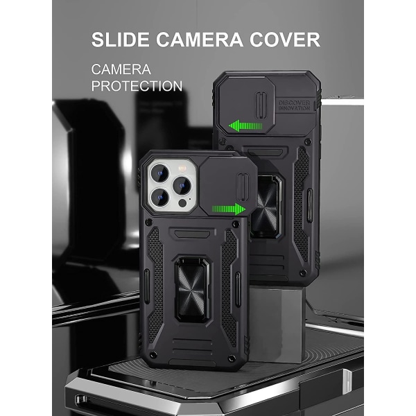 Pansertaske kompatibel med Iphone 14 Pro Max/14 Pro, hård pc stødsikkert dæksel med ringstøtte og kameracover Black For iPhone 14 Pro