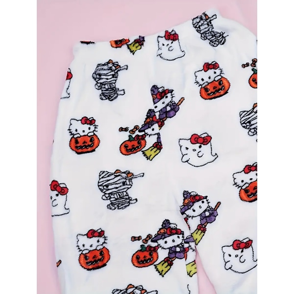Cartoon KT katt pyjamas tjocka damer höst och vinter plus sammet varm fritids hem graffiti flanell byxor white M