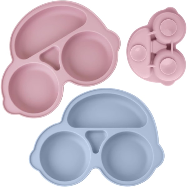 Silicone Baby Plates, Kids Plates, 2 Pack, Suction Cup Compartment Plate Set, BPA Free, Microwave & Dishwasher Safe (Blue+Pink)