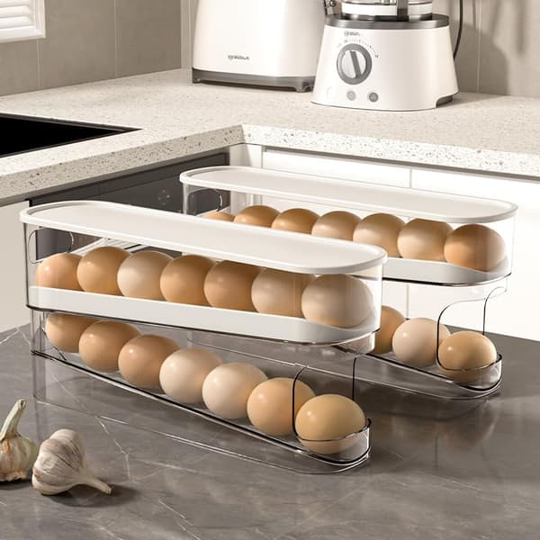 Automatic Egg Rack with Wheels, Kitchen Egg Organizer, Space-Saving Egg Dispenser