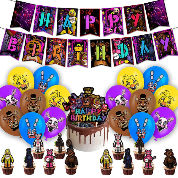 Fem netter på Freddys tema Bursdagsfestutstyr Dekorasjoner inkludert ballonger Cupcake Cake Toppers Bannersett