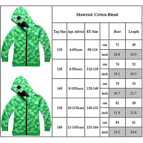 Minecraft Zip Up Hoodies för Pojkar och Flickor 4-14 År upper garment 130cm