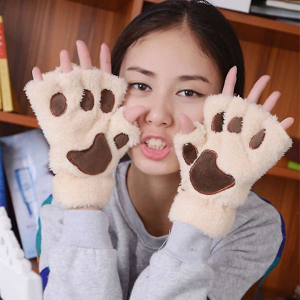 Cat girl open finger cat paw warm gloves thickened fluff hand-shaped brush half finger gloves B