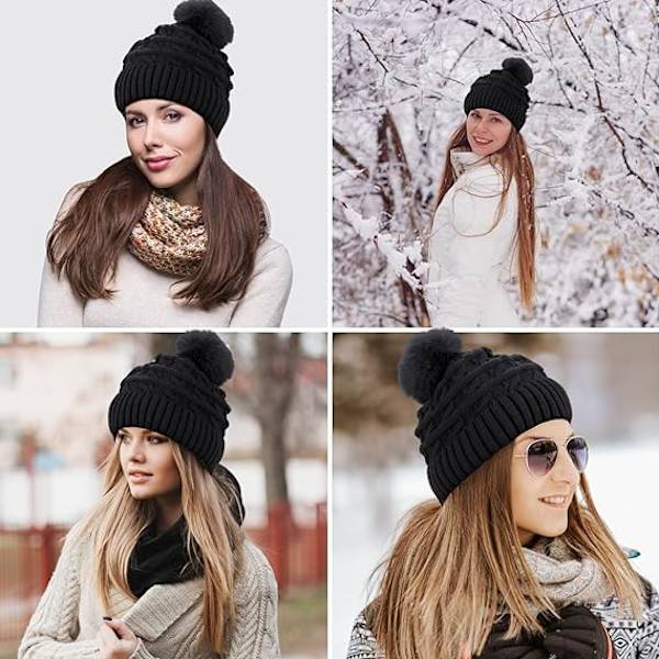 Naisten pompom-hattu, talvinen pipohattu, lämpövuorellinen fleece-hattu, naisten neulotut villahatut tekoturkispompomilla Black