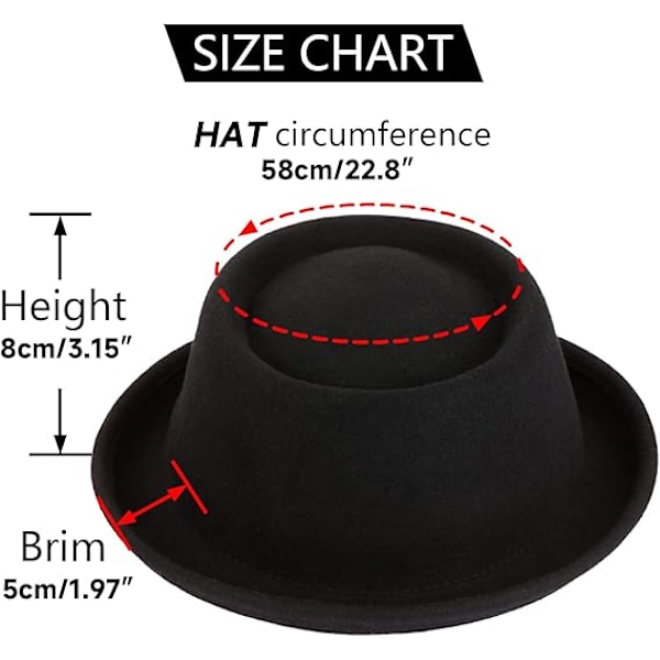 Svinekjøttpaihatt for menn og kvinner 100 % ullfilt Fedora Trilby Hat Black Adult Unisex Porkpie Hats