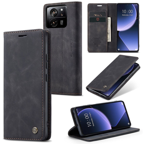 CASEME 013 -sarja Xiaomi 13T/13T Promi K60 Ultra -kotelolle, nahkainen iskunkestävä jalustapuhelinkotelo Black Style E Xiaomi 13T