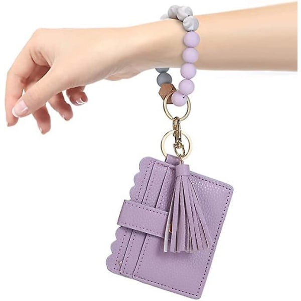 Wabjtam Purple Women Silicone Beads Key Ring Chain Wristlet Keychain Bracelet Leather Tassel, Bangle With Card Holder