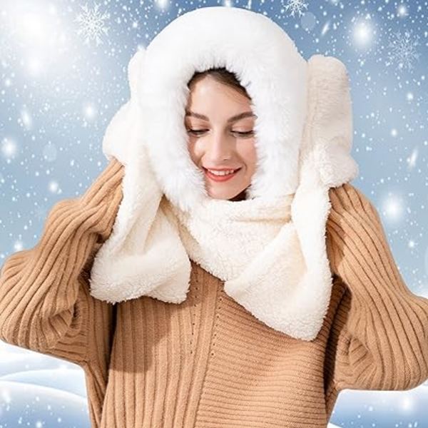 Dam vintermössa halsduk handskar set, varm dam one-piece hoodie handskar ficka hatt lång halsduk sjal insvept i korallfleece