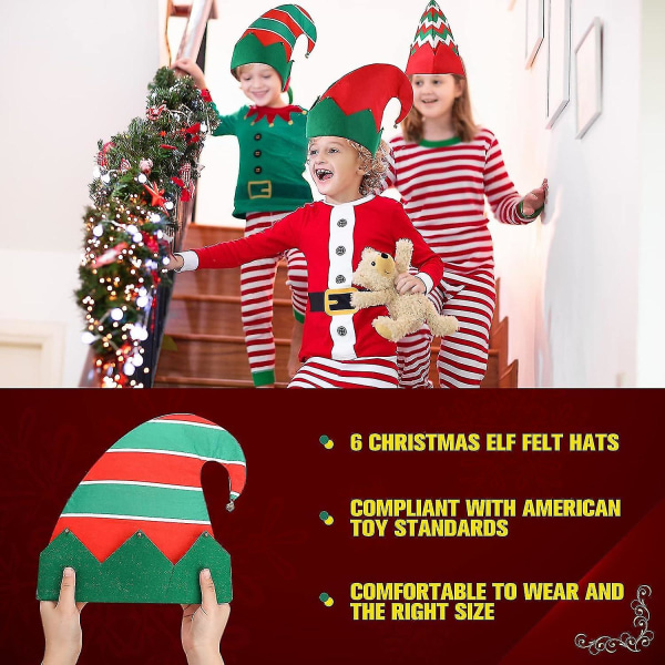 6-pak julealverfilthatte Grønne og røde julenissehue Elverklokkehat til julefest Kostumefavoritter