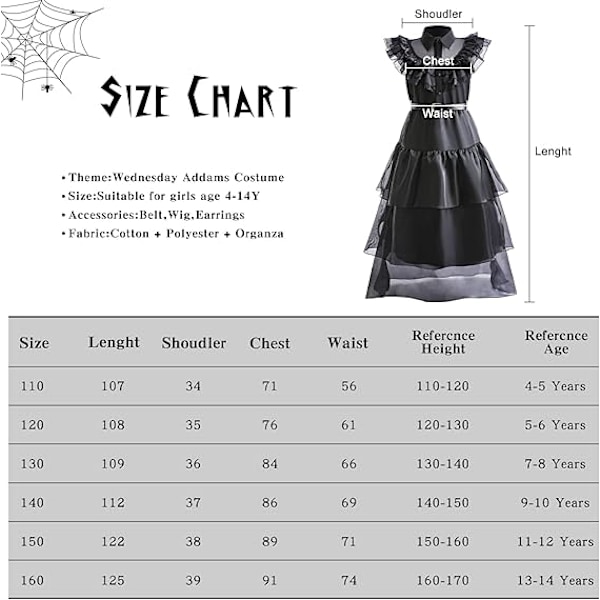 Svart Halloween-kostyme for jenter, kjole for svarte familiebarn, cosplay-kostyme, festkjole, 4-14 år 9-10years