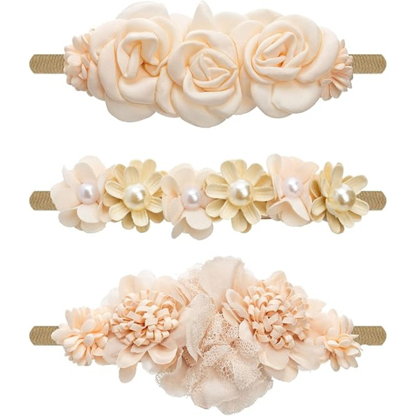 Baby Girl Nylon Huvudband Blommig Elastisk Hårband Slips Hårtillbehör för Nyfödd Spädbarn Småbarn 3-pack