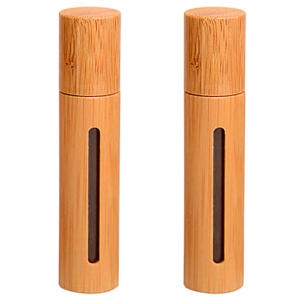 2 Pieces 10ml Bamboo Roller Bottles Empty Refillable Essential Oils Roll-on Bottle Cosmetic Storage Container with Stainless Steel Ball
