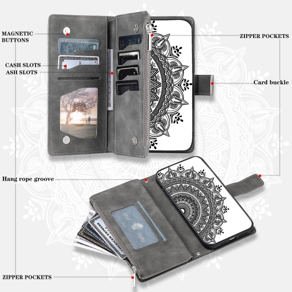 Nokia X30 5g Mandala Flower -kuvioinen Pu- case Magneettinen cover Multi Card Slot Suojakuori Vetoketjullisella Lompakolla ja Rannekehihnalla Grey
