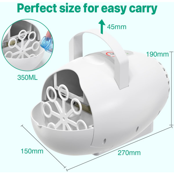 Boblemaskine Over 12000+ Bobler pr. Minut Bærbar Automatisk Legetøj Batteridrevet/Plug-in til Udendørs Fest Bryllup Fødselsdag (Hvid)