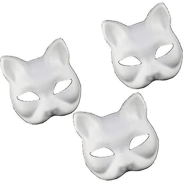 3-delt kattemaske, hvidt papir, håndmalet maske, umalet dyrehalvmaske