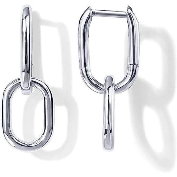 Silver Double Ring Oval Huggie Hoop Earrings for Women,Square Hoop Chain Link Earrings for Women Gifts