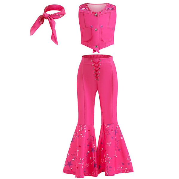 Jenter Barbie Kostyme Rosa Vest Lange blussede bukser Bukser med skjerf Film Cosplay antrekk for barn Halloween Carnival Fancy Dress Up 6-7 Years