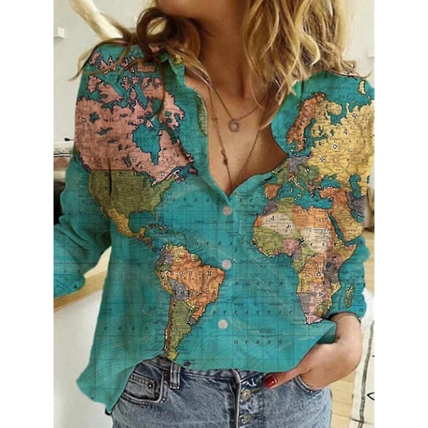 Dame Verdens Kort Bomuld Linned Almindelig Bluse Toppe Løse Langærmet T-shirt green M