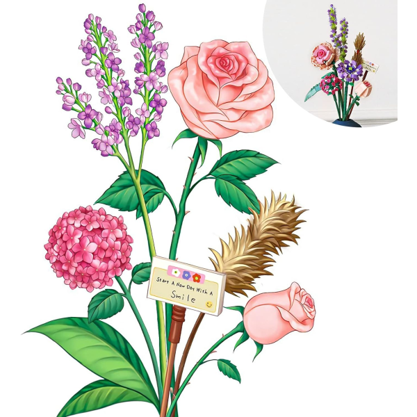 Byggeklosssett med kunstig blomsterbukett, botanisk samling Dekorativt tilbehør til hjemmet, Valentinsdagsgave til menn og kvinner (547 deler)