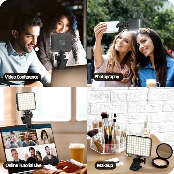 LED-videolys, genopladelig mini-selfielys med klips til telefon, bærbar computer, tablet og computer, dæmpbar fyldlampe