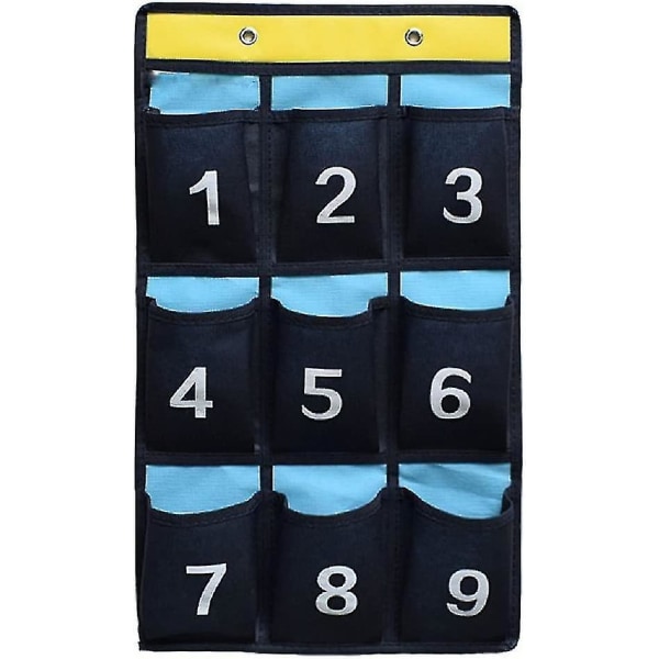 Seinänumeroitu taskutaulu puhelinlaskimen tuelle 42 sinistä taskua-2023 9 Pockets