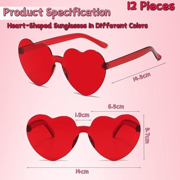 12 par hjerteformede briller, flerfargede hjertesolbriller, hippiehjertefestbriller til bursdagsfest, karneval.