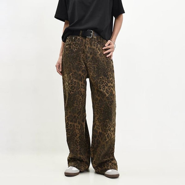 Bruna leopardjeans för kvinnor, denimbyxor, dam, oversize, vida ben, byxor leopard print 2XL