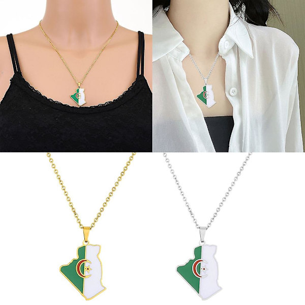 Halsband med berlock i rostfritt stål med karta över Algeriet, present till kvinnor och män Silver