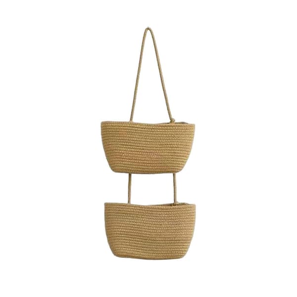 Väggkorgar i bomullsrep – Boho-stil – för kök och barnkammare Khaki 2Grids