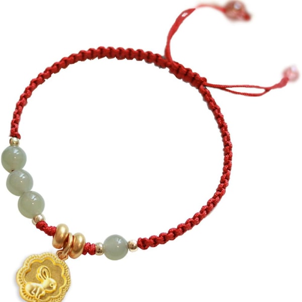 Pärlor Armband för kvinnor män, justerbar handvävd sladd Lucky Rabbit Jade pärlstav röd sträng armband