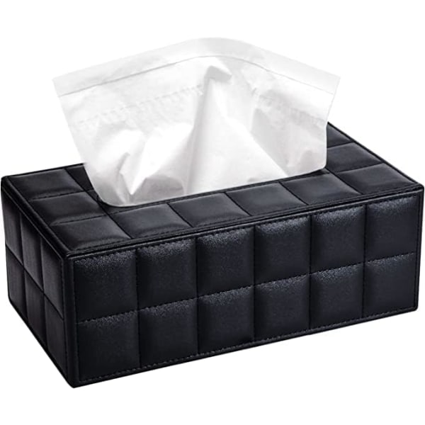 Rektangulär vävnadslåda i läder med lock och vävnadslåda för hem, kontor, skrivbordsvagn (svart)