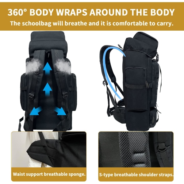 Vandringsryggsäck, 80L campingryggsäck, vattentät stor ryggsäck för utomhussport Daglig Molle-ryggsäck för män Ryggsäck för kvinnor